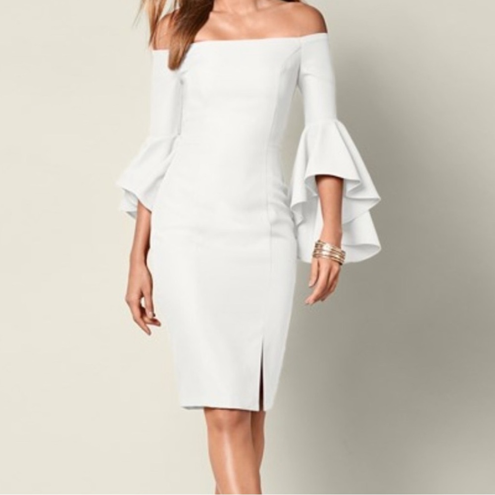 VENUS White Off-Shoulder Ruffled Sheath Dress